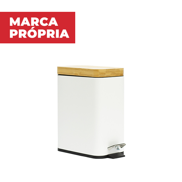 Lixeira Metalica Retangular Gimba com Tampa de Bambu 5L Branca 1 UN