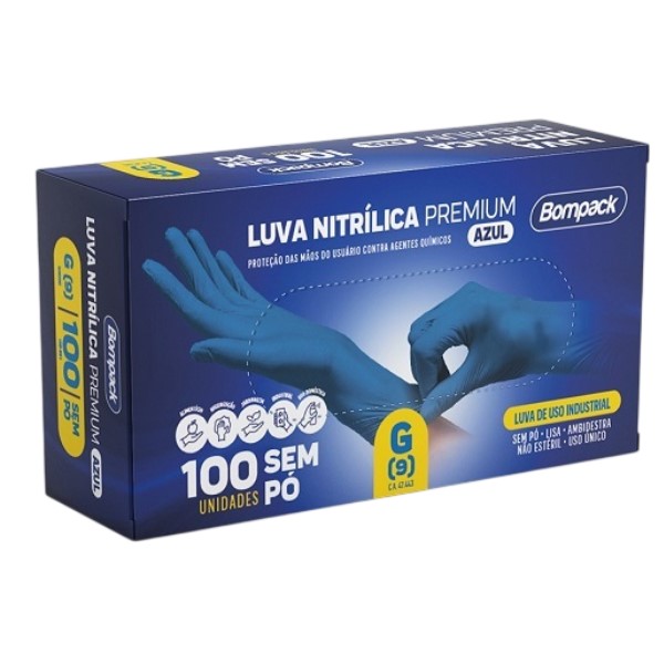 Luva de Procedimento Bompack Nitrílica Premium Tamanho G Azul CX C/ 10