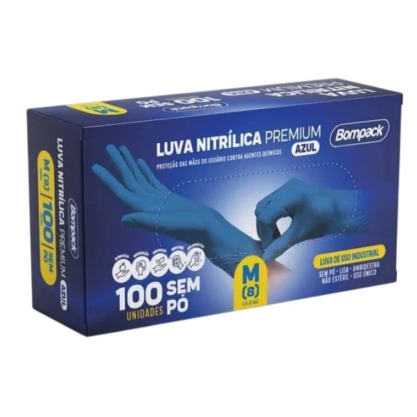 Luva de Procedimento Bompack Nitrílica Premium Tamanho M Azul CX C/ 10