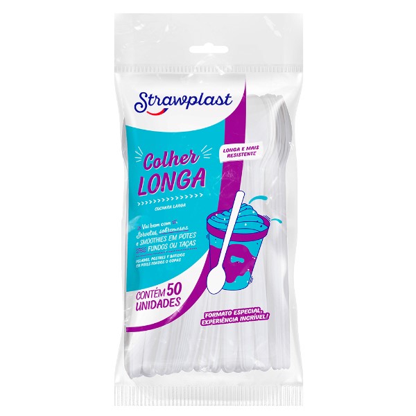Colher Plástica Descartável Strawplast Cabo Longo Branca PCT C/ 50 UN