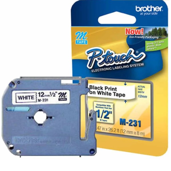 Fita para Rotulador Brother M-231 12mm Preto sobre Branco 1 UN